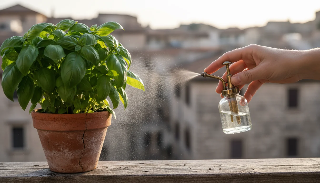 Woman's hand carefully sprays a fine mist onto a basil plant's leaf in a terracotta pot on a balcony railing.