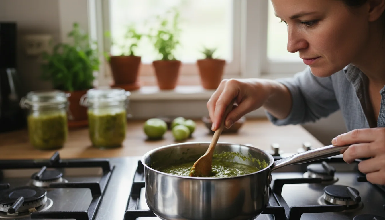 A woman's hand stirs green tomato relish simmering in a pot on a stovetop, thoughtfully observing its consistency.