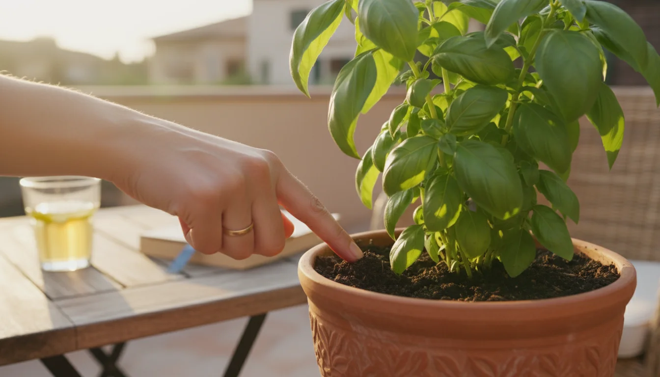 Close-up of a woman's hand testing soil moisture with her finger in a terracotta pot with a basil plant on a sunny patio.