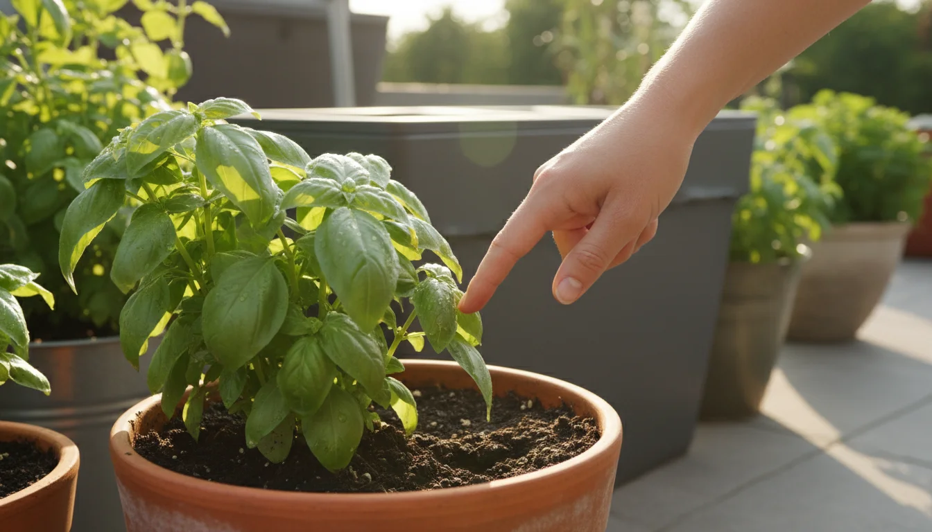 A woman's hand tests soil moisture in a basil pot on a sunny patio, with a self-watering planter and balcony box blurred in the background.