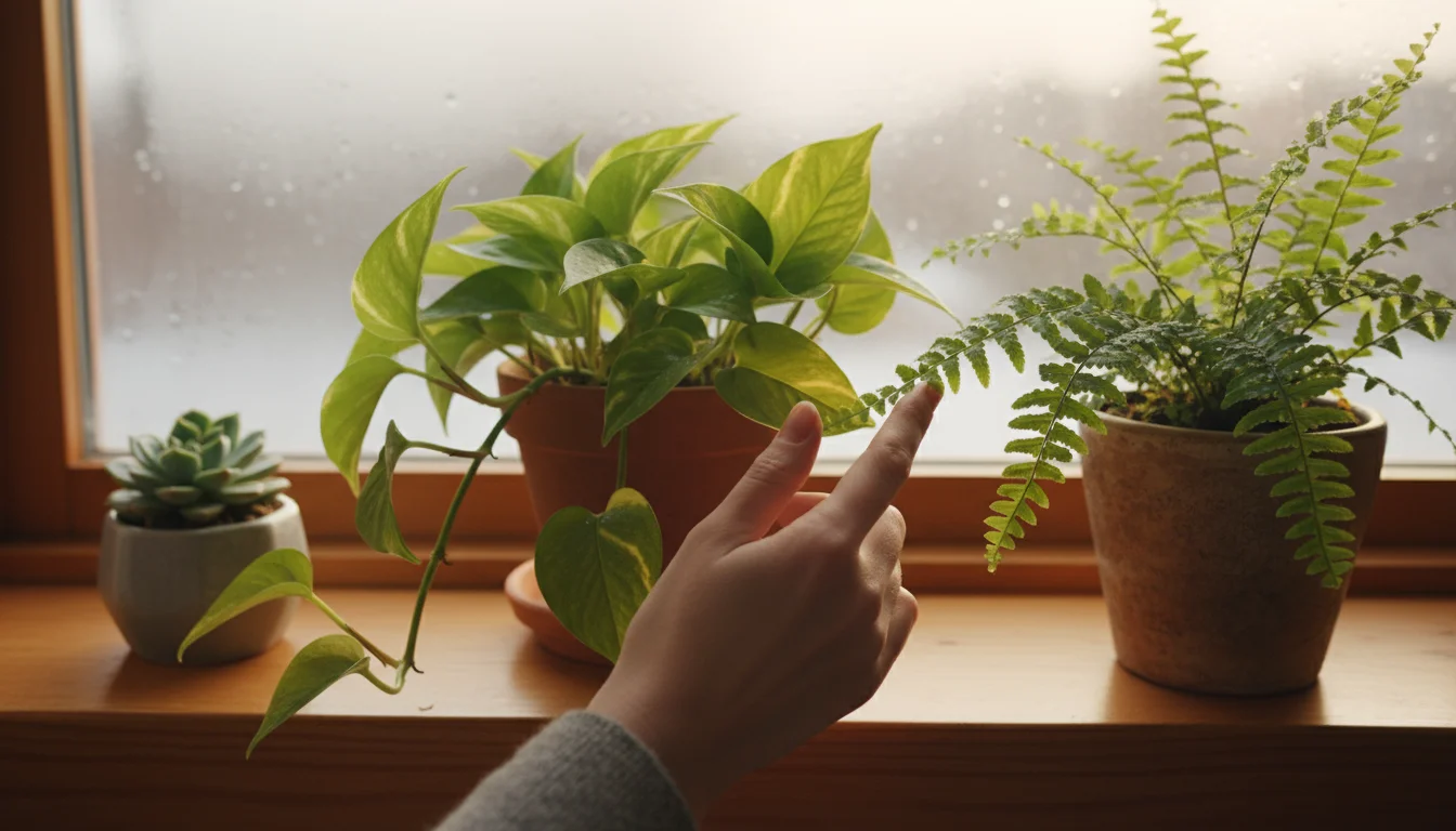 Woman's hand gently touches a dewy fern leaf in a cluster of houseplants on a wood windowsill under soft winter light.