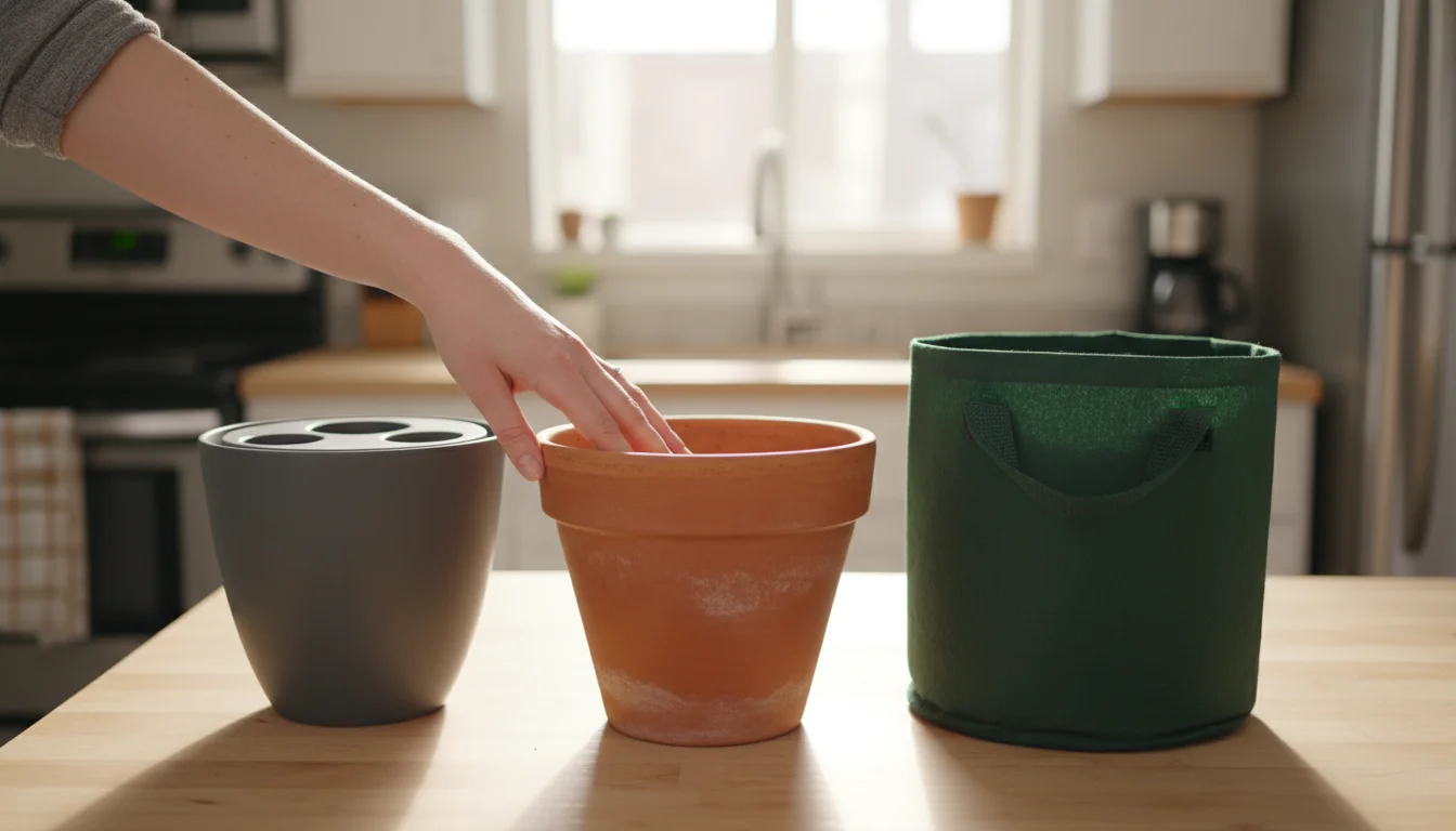 A woman's hand touches an empty terracotta pot among a grey self-watering planter and a green fabric grow bag on a wooden counter.