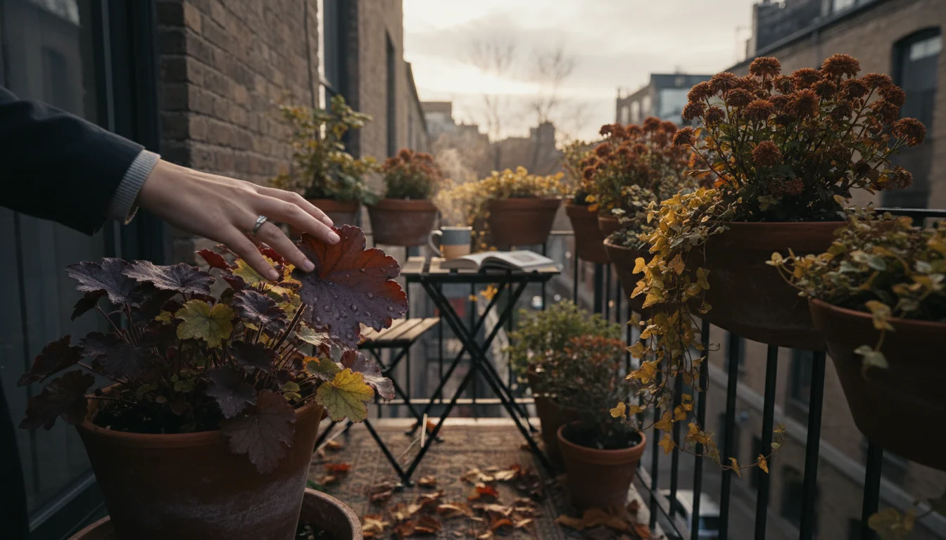 Woman's hand touches green plant in a terracotta pot on a shady autumn balcony, with other containers visible.