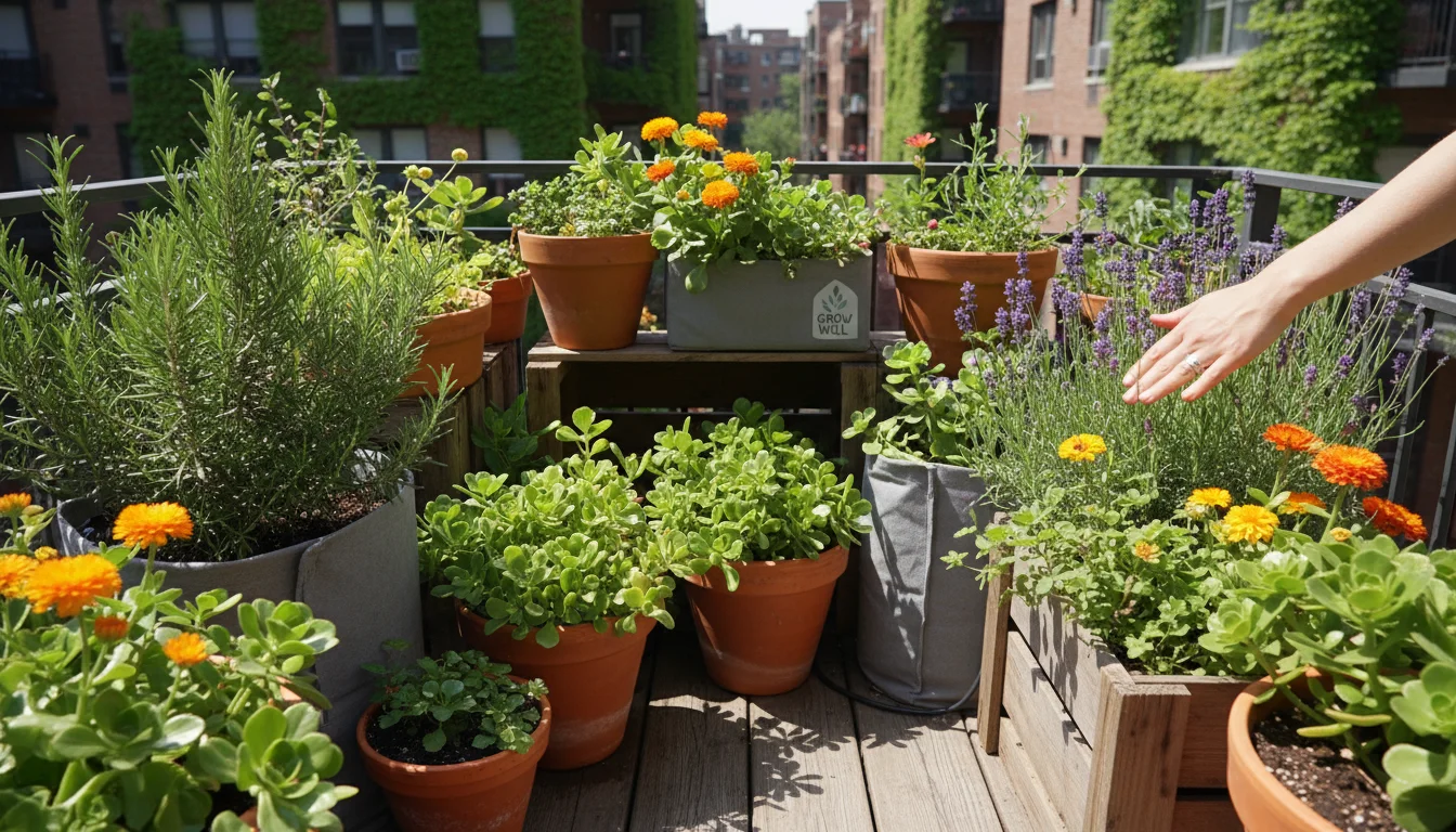 A woman's hand gently touches a lavender plant amidst a vibrant container garden on a patio, featuring rosemary, sedum, and calendula.