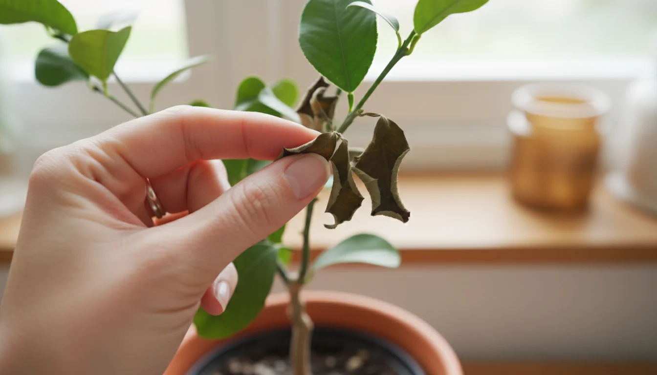 A woman's hand gently touches a lemon tree leaf showing brown, crispy edges, indicating plant distress.
