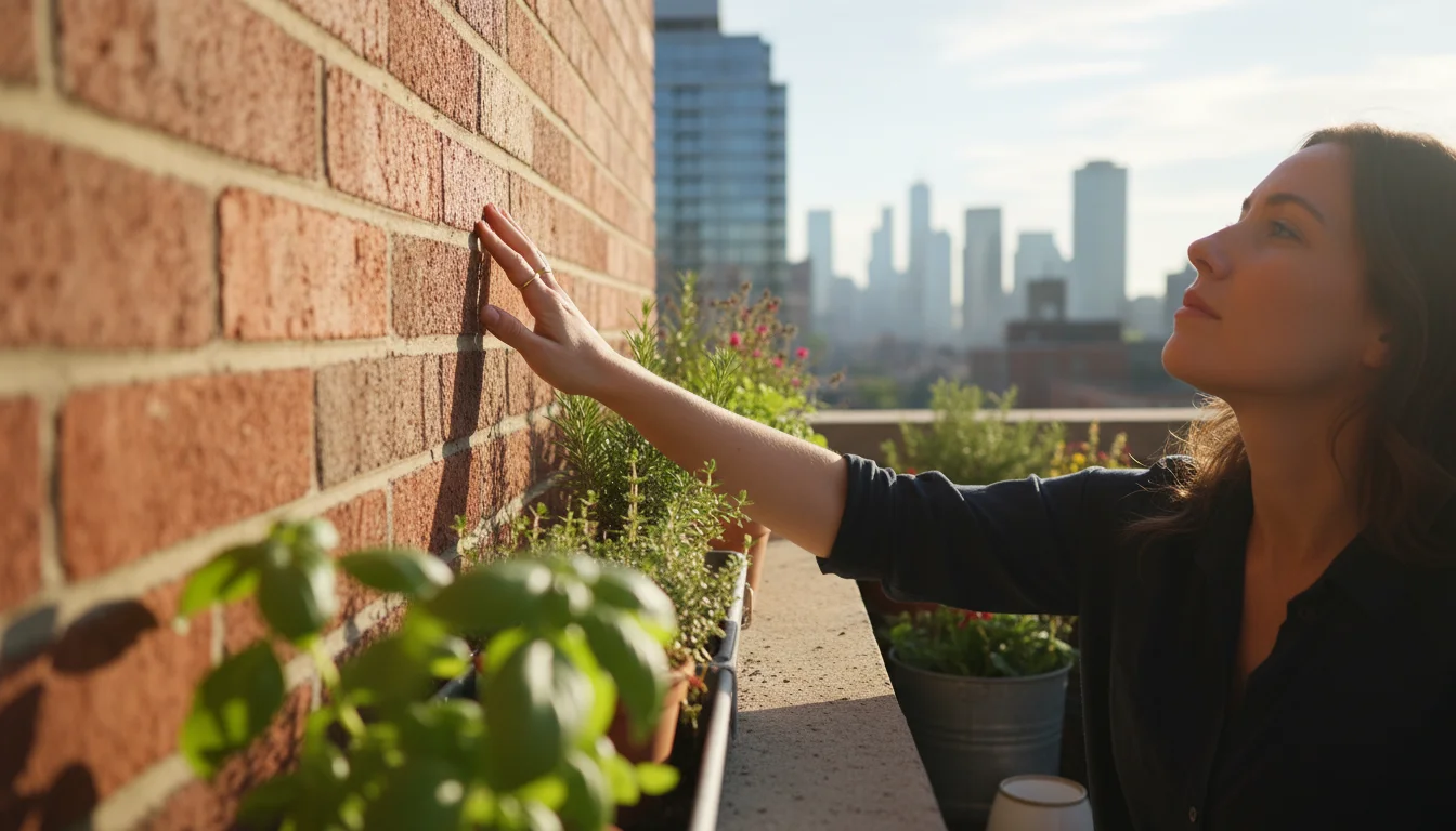 A woman's hand touches a sun-baked brick wall on a small urban balcony, observing intense light and shadows on container plants.