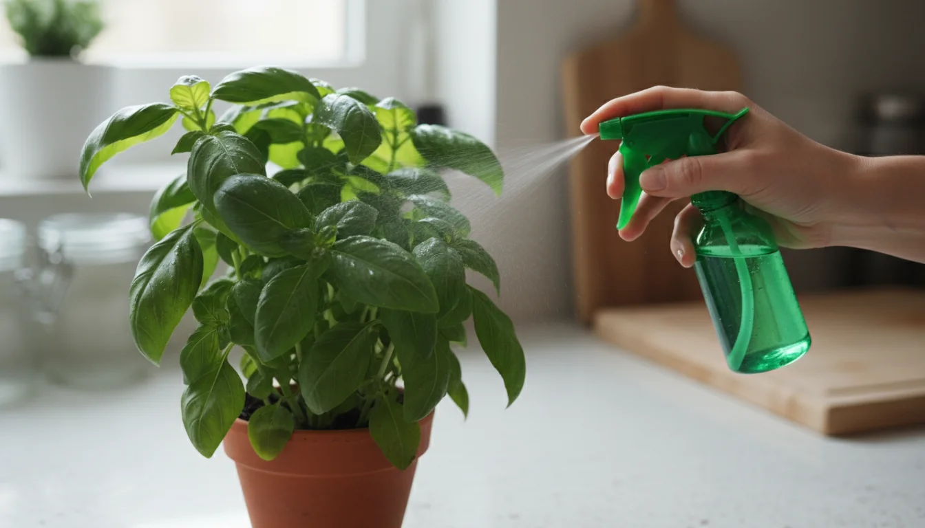 A woman's hand uses a green spray bottle to mist water over a lush, potted basil plant on a balcony, making its leaves glisten.