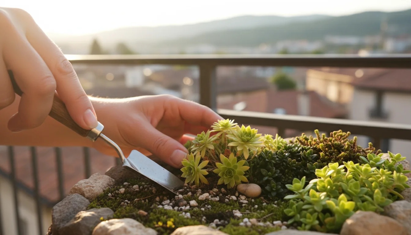 A woman's hand gently uses a sleek trowel to aerate soil around a yellowing alpine plant in a small balcony trough, amidst healthy plants.