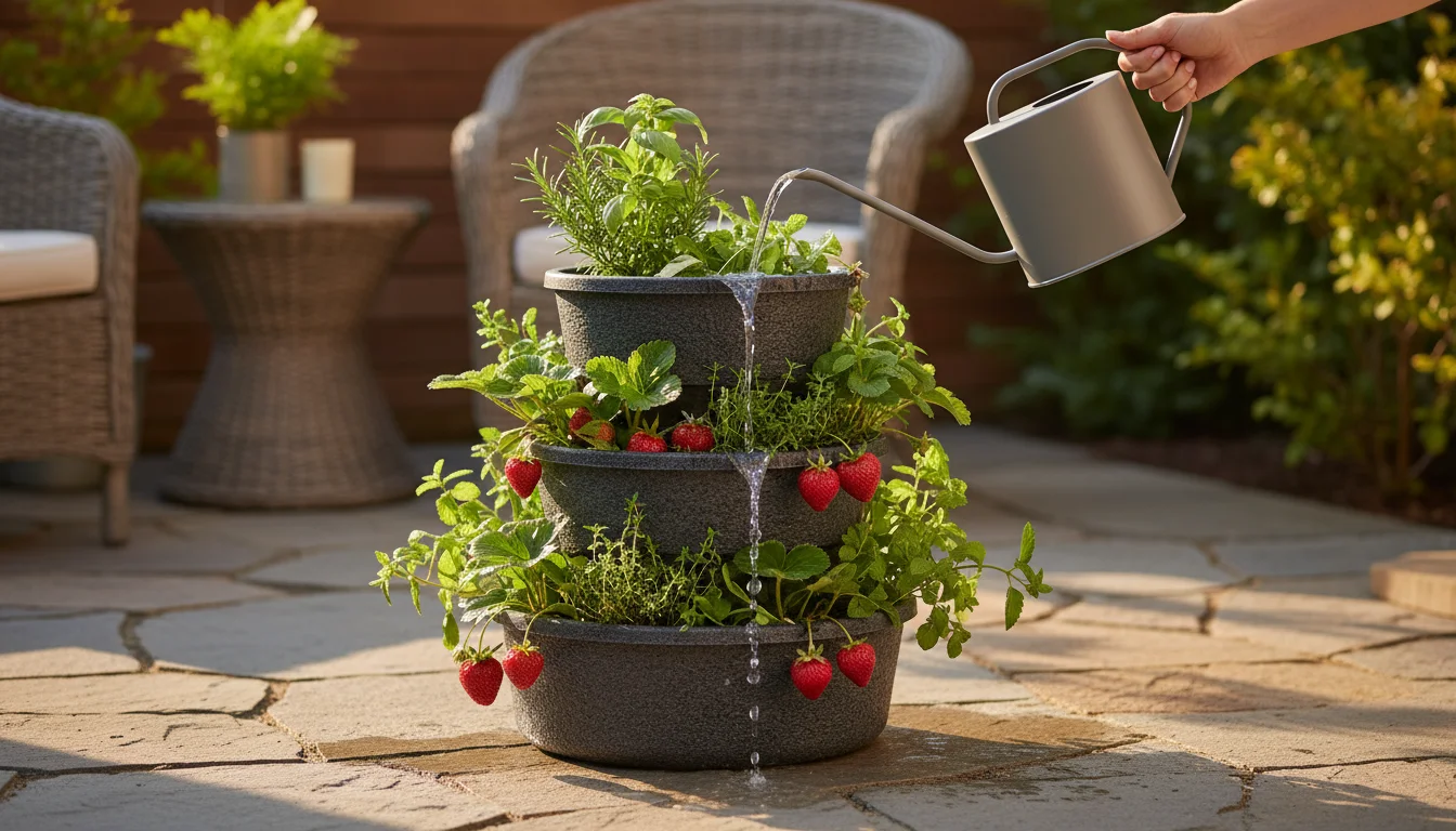 A woman's hand waters a three-tier black stackable vertical planter tower filled with strawberries and herbs on a sunlit patio.