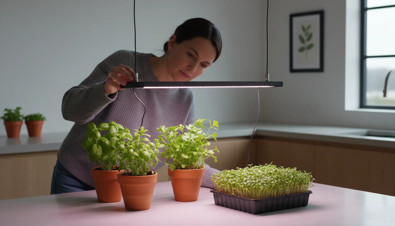 A woman's hands carefully adjust a slim LED grow light suspended by cables over thriving potted herbs and microgreens on a kitchen counter.