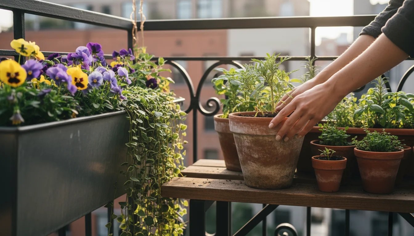 Woman's hands adjusting a pot of marigold sprouts on a small, sunlit balcony with various thriving container plants.