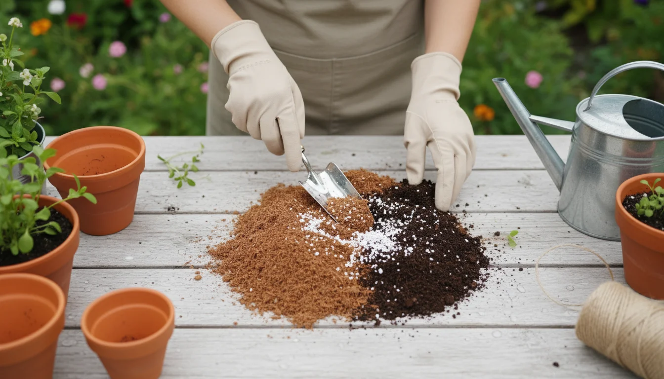 Woman's hands blending coco coir, perlite, and compost with a trowel on a light wooden table, surrounded by potting supplies on a balcony.