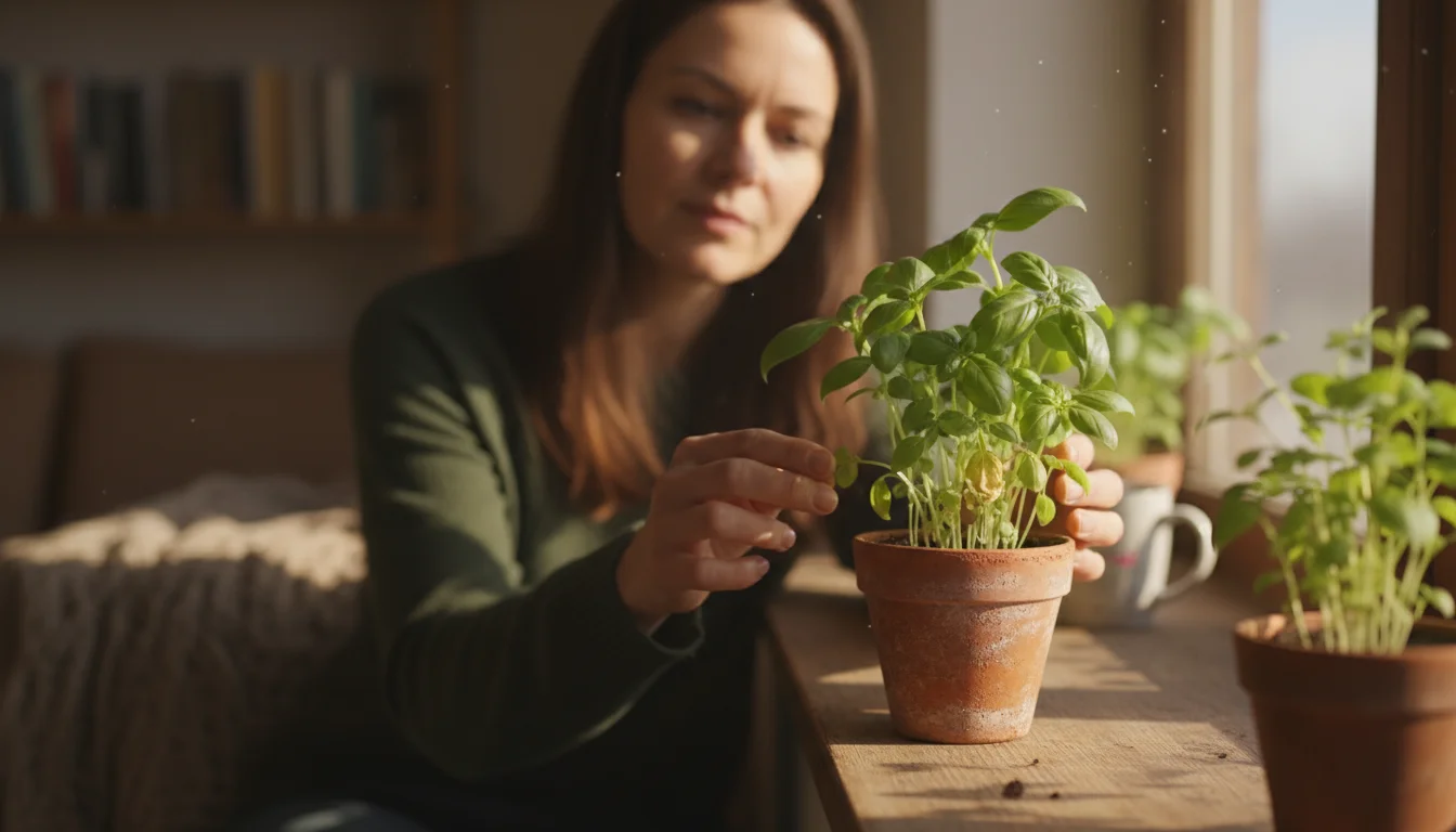 Close-up of a woman's hands and blurred face examining a small potted basil plant with slightly yellowing leaves on a windowsill.