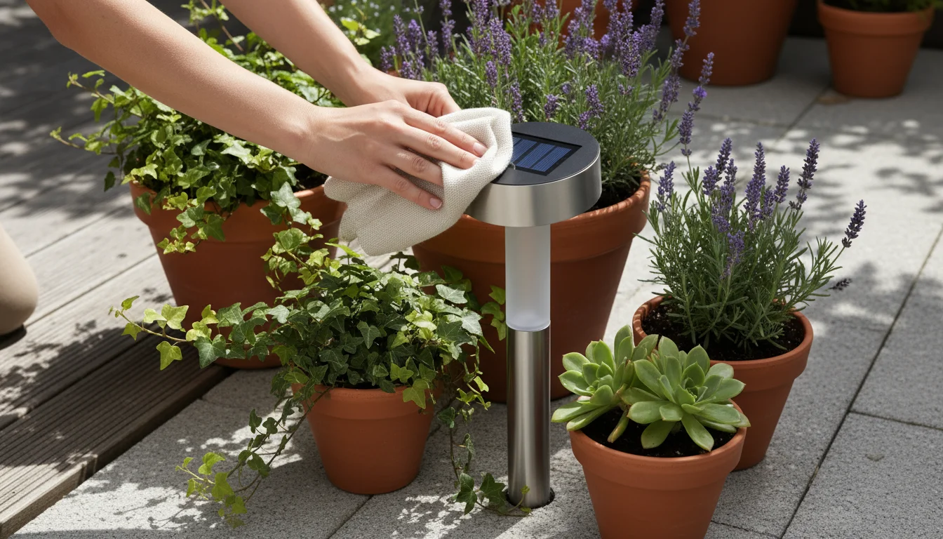 Woman's hands cleaning a solar garden light among container plants on a patio, late afternoon sunlight.