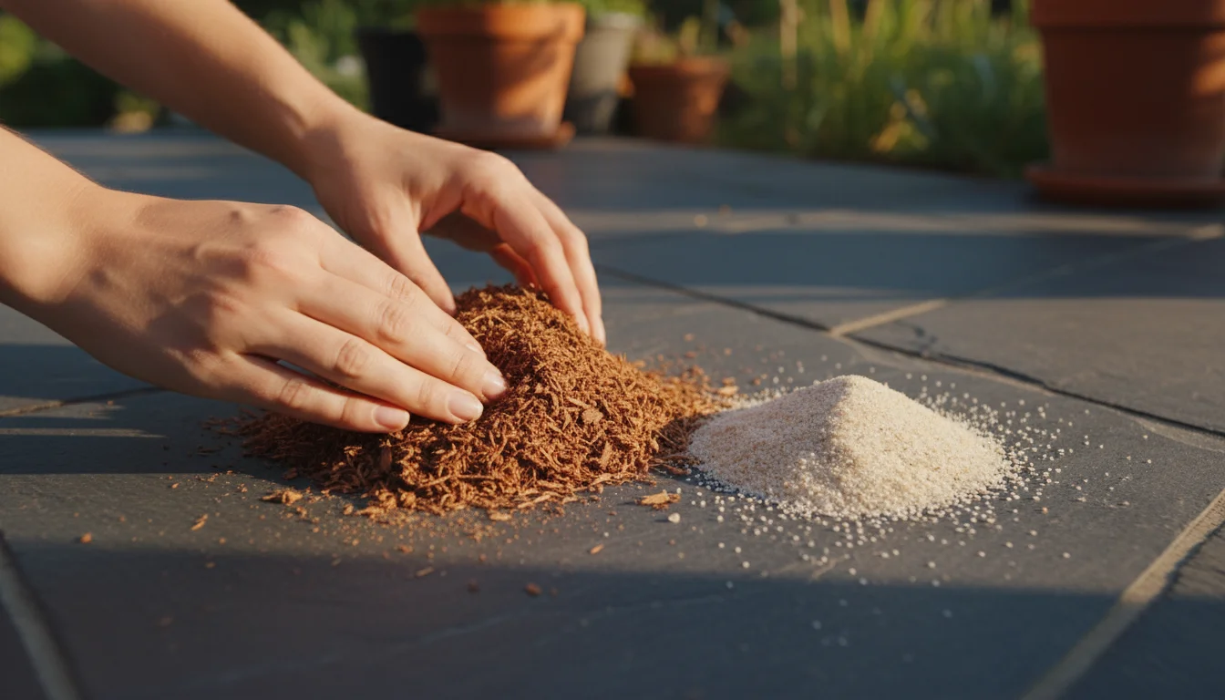 Woman's hands comparing a pile of organic shredded cedar bark mulch and a pile of inorganic dark gray river pebbles on a patio tile. Blurred container