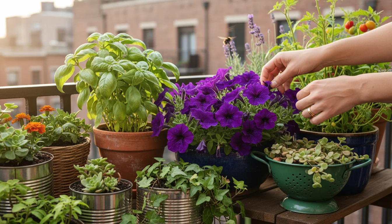Close-up of a woman's hands deadheading a purple petunia in a terracotta pot, surrounded by diverse container plants and a hovering bee.