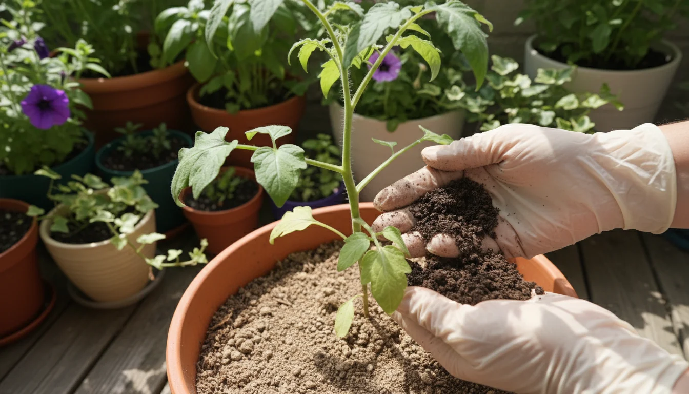 Woman's hands in gloves top-dressing a pale-leafed young tomato plant with dark worm castings in a terracotta pot on a sunny balcony.