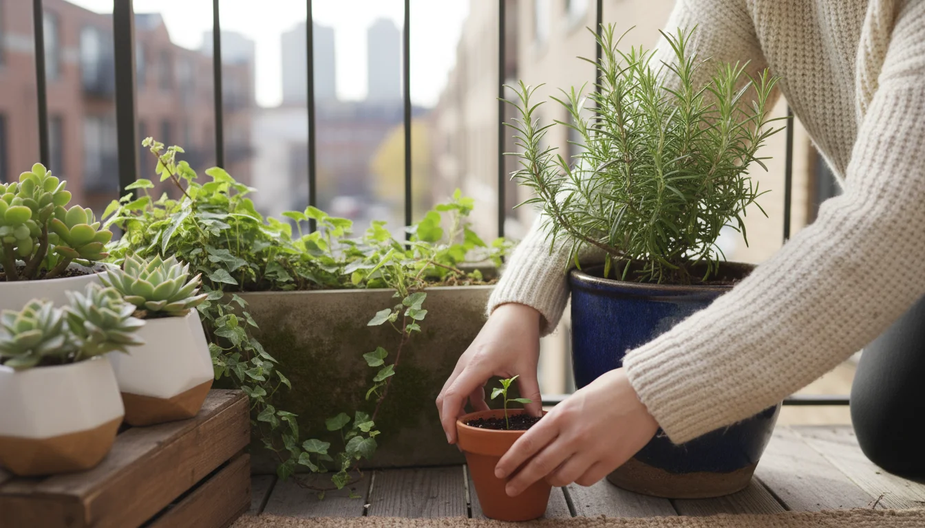 A woman's hands group potted plants on an urban balcony, nesting a small seedling pot against a larger herb pot near a wall.
