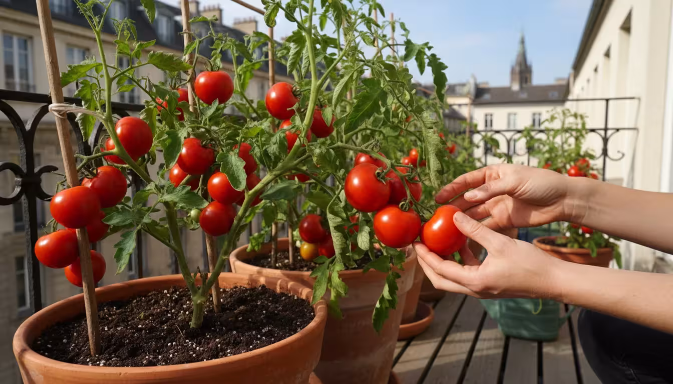 A woman's hands carefully harvest a plump, ripe, red tomato from a thriving potted plant on a sunny city balcony.