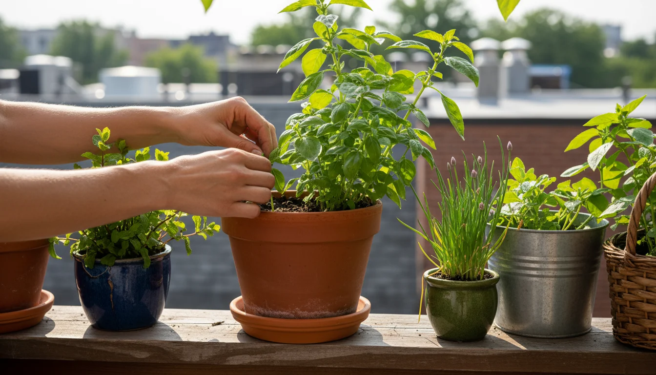 A woman's hands harvesting fresh basil from a terracotta pot, surrounded by other container herbs on a sunny patio.