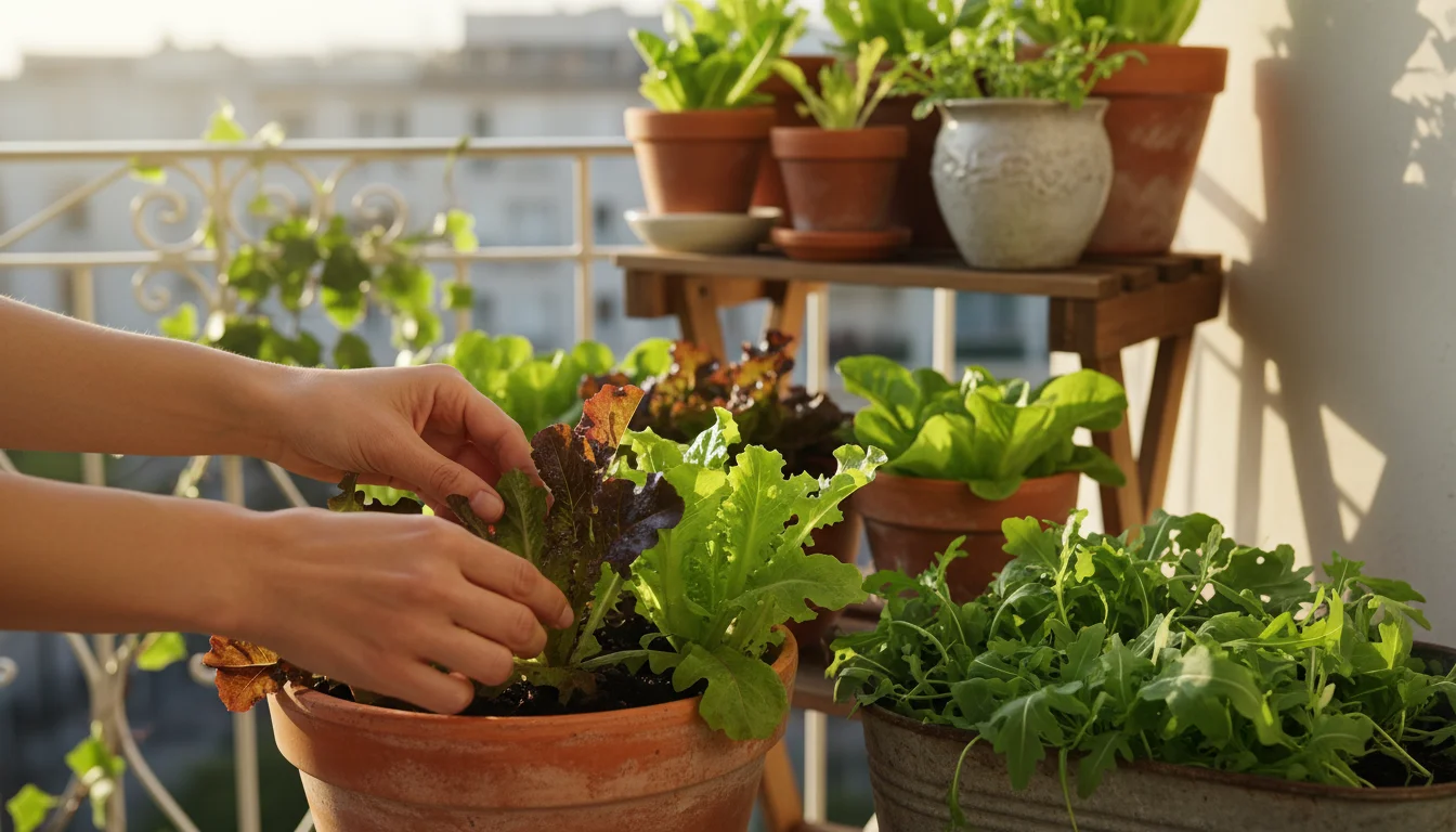 Woman's hands harvesting red and green loose-leaf lettuce from a terracotta pot on a balcony, with arugula and other lettuce pots visible.