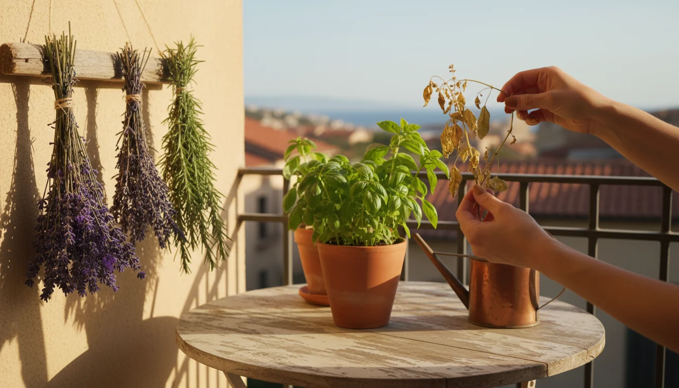 A woman's hands hold a slightly discolored dried basil sprig, contrasting with perfect lavender bundles on a patio table.