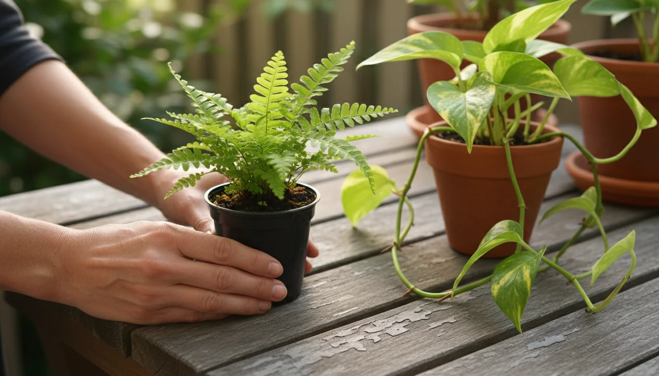 A woman's hands gently hold a small Boston fern, comparing it to a Pothos plant on a rustic wooden balcony table, selecting plants.