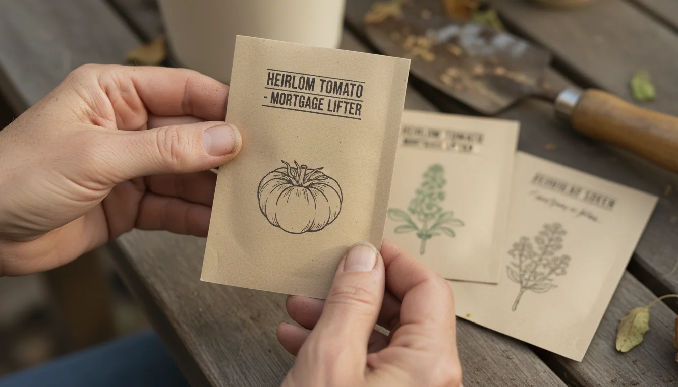 Close-up of a woman's hands holding a brown paper heirloom seed packet over a patio table with other packets.