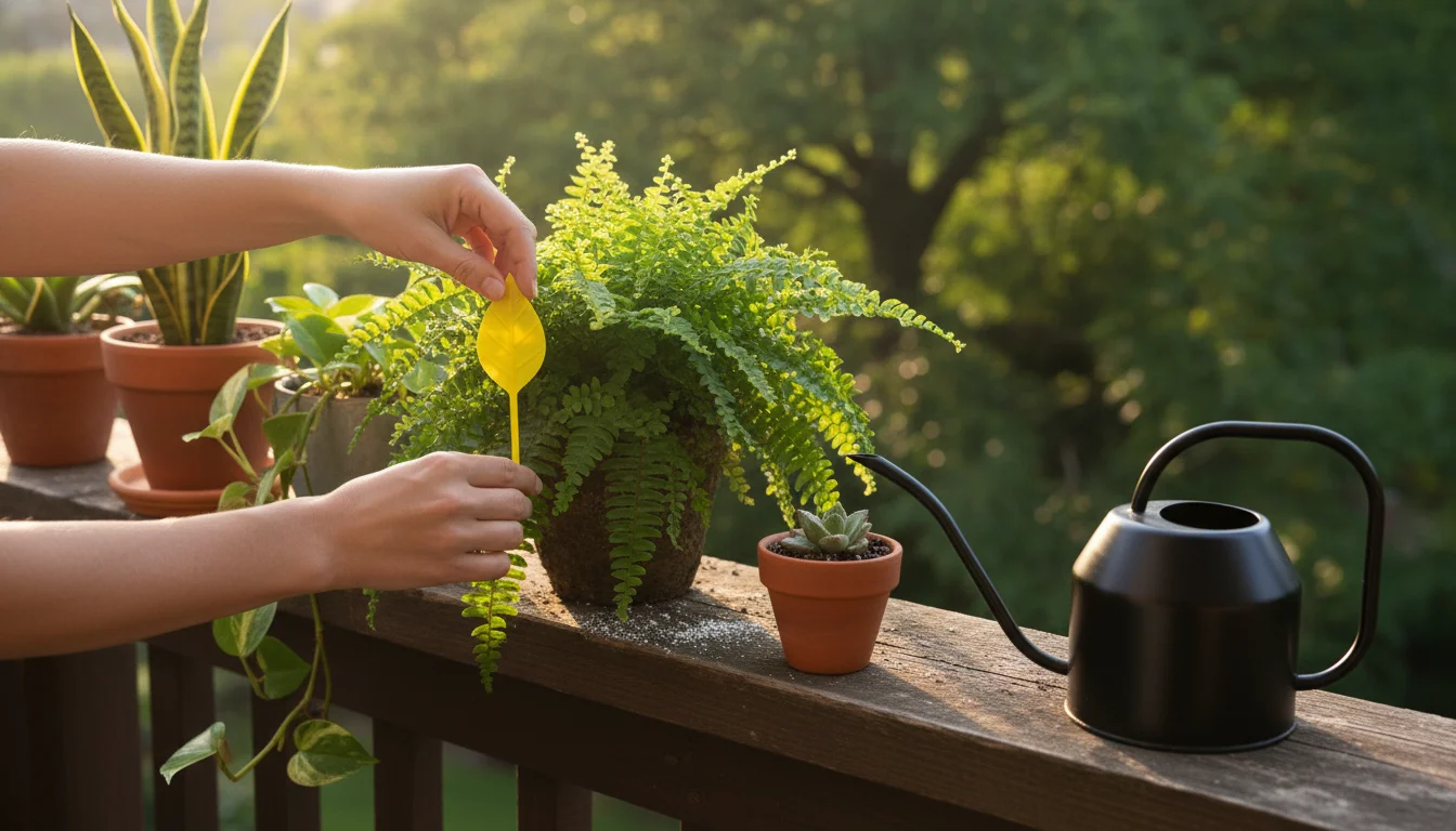 Woman's hands inserting a yellow sticky trap into a potted fern on a balcony, with other houseplants showing diatomaceous earth on soil.