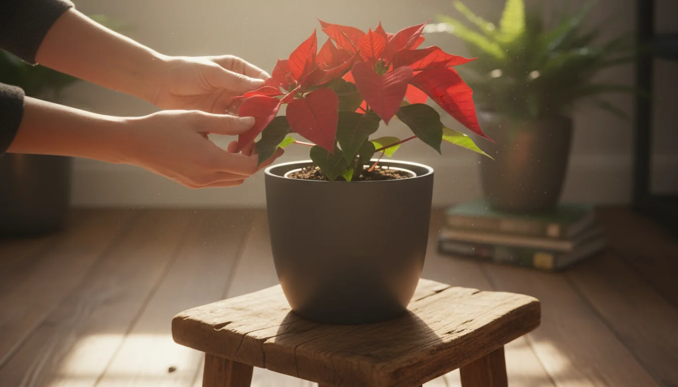 Woman's hands gently inspect a poinsettia with slightly faded red bracts in a modern self-watering planter on a sunlit balcony.