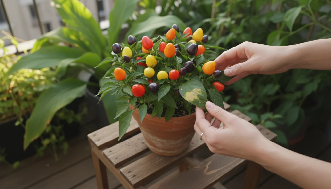 Woman's hands inspect a vibrant ornamental pepper plant in a terracotta pot with a slightly discolored leaf, on a balcony shelf.