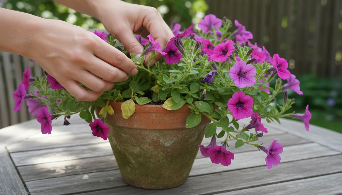 Woman's hands gently inspect a vibrant purple-pink Calibrachoa plant in a terracotta pot on a patio table, revealing interveinal yellowing on lower le