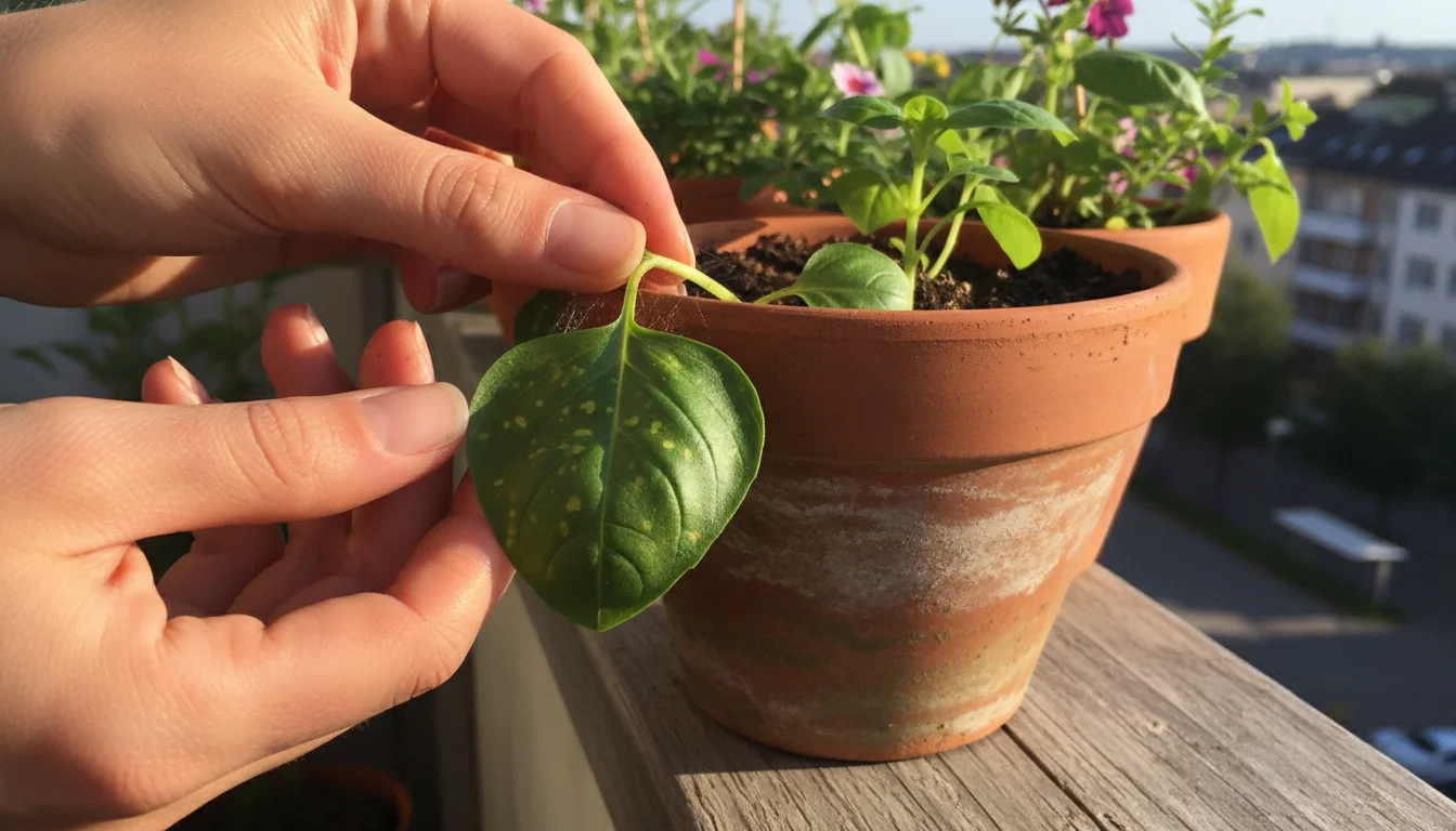 Woman's hands gently inspecting a basil leaf in a terracotta pot. Subtle pale stippling and faint webbing are visible, indicating early pest signs.