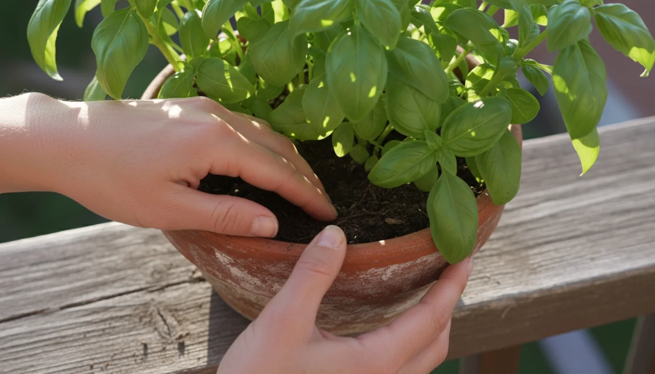 Woman's hands gently inspecting dense lower leaves of a basil plant in a terracotta pot on a sunlit urban balcony railing.