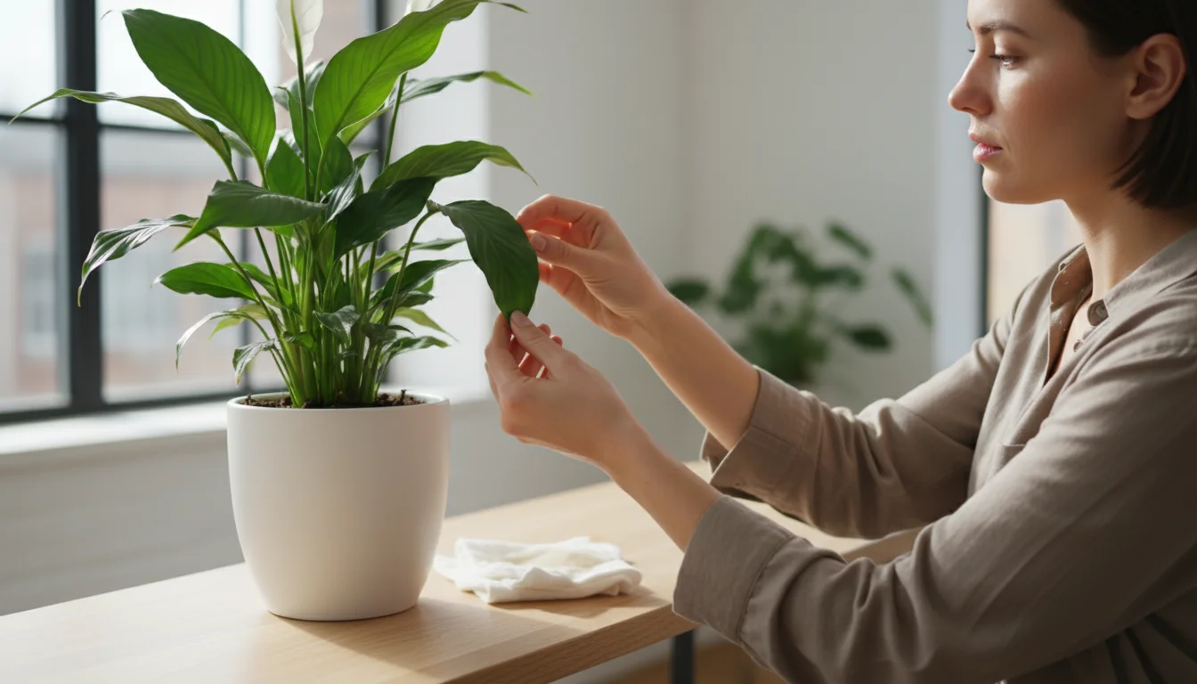 Woman's hands gently inspecting the underside of a peace lily leaf in a white pot, checking closely for pests.