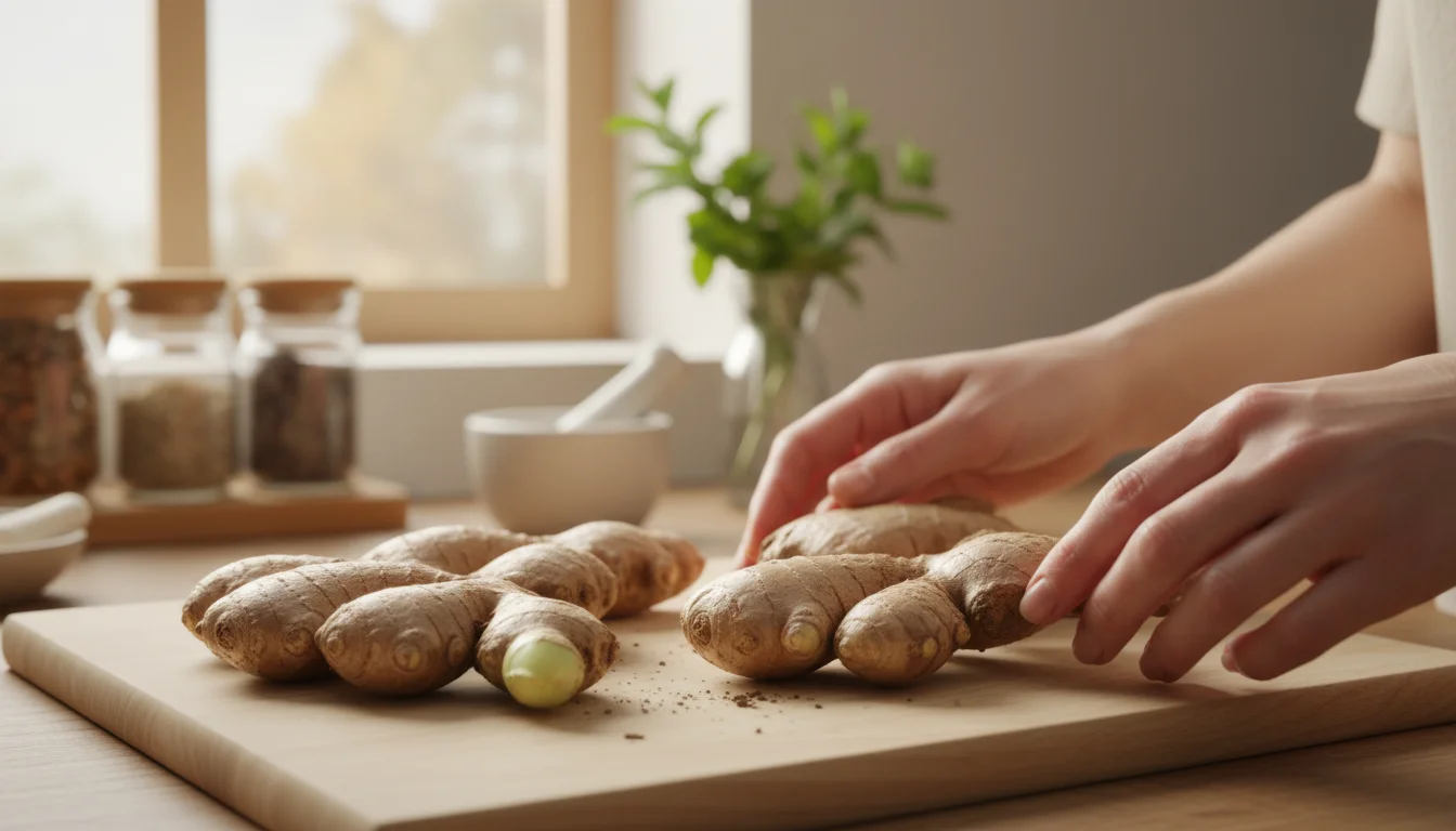 Close-up of a woman's hands examining knobby ginger rhizomes on a light wooden cutting board, with a visible green bud.