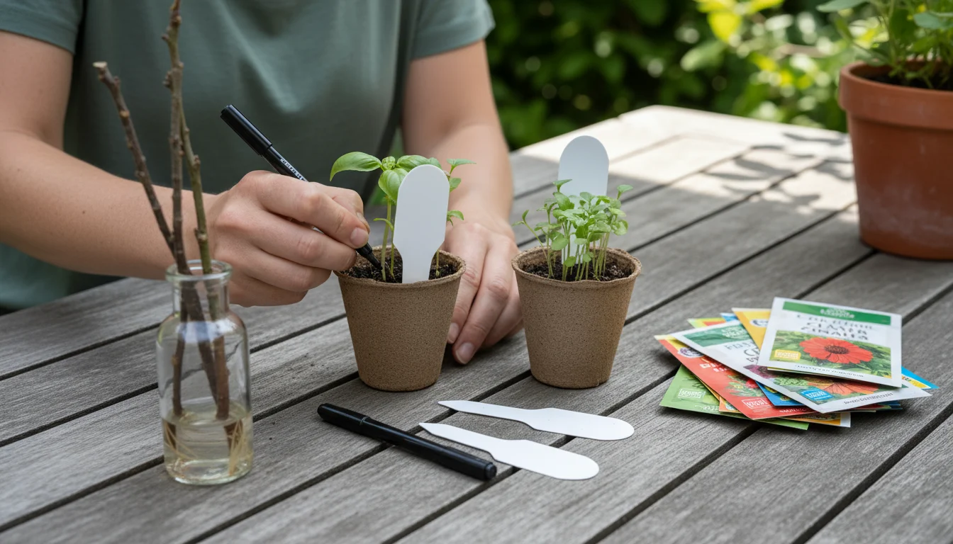 Woman's hands label small pots of green seedlings on a weathered patio table, next to plant cuttings rooting in water, with seed packets.