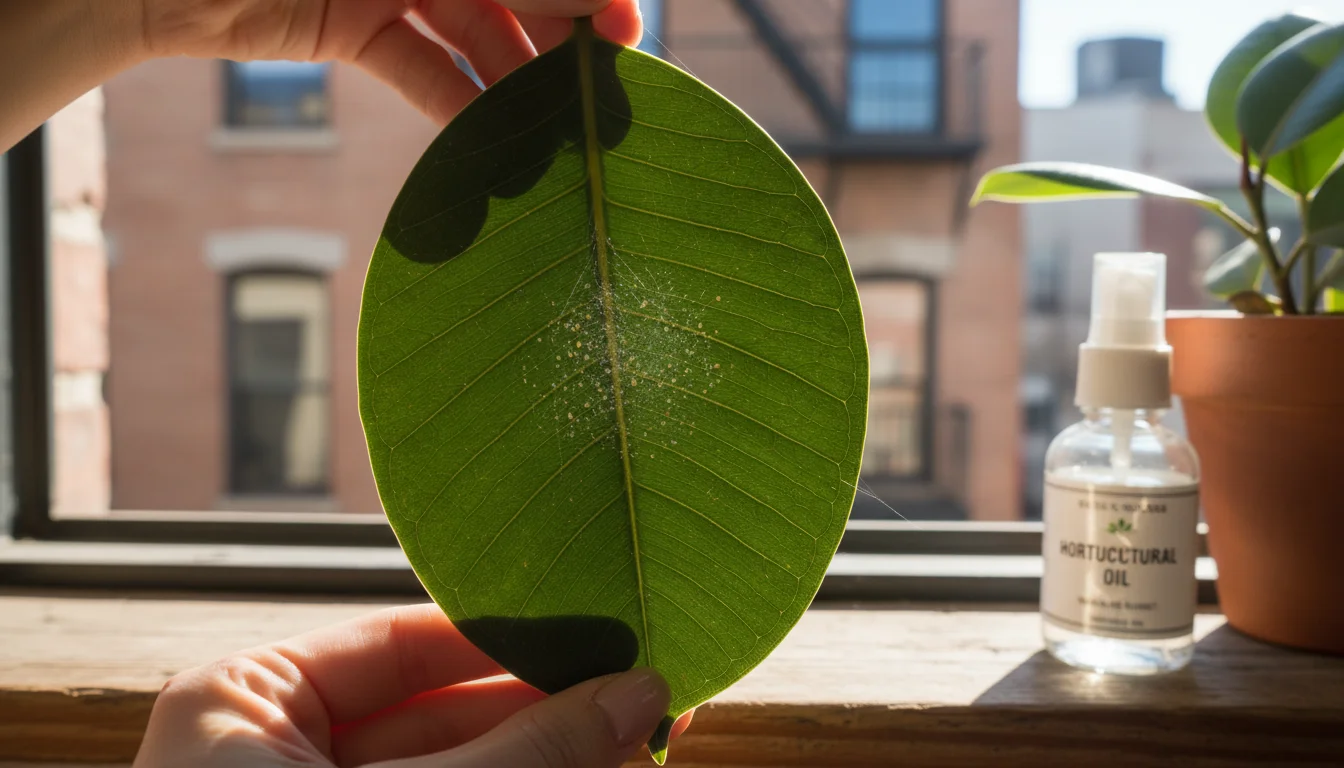 Woman's hands gently lift a broad houseplant leaf to inspect its underside for tiny pests on a sunny windowsill.
