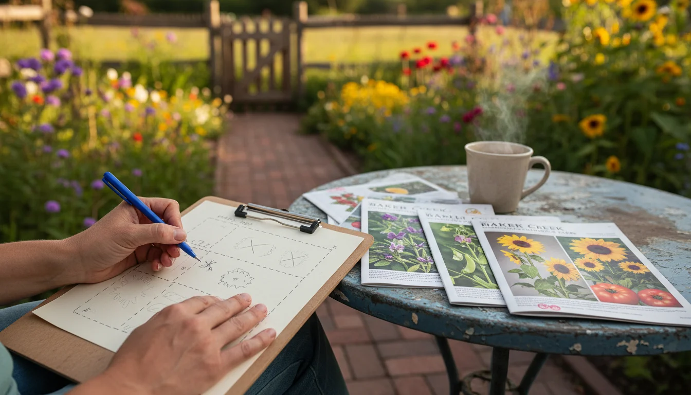 Woman's hands mark a hand-drawn garden sketch on a clipboard. Open seed catalogs, empty terracotta pots, and jute string are nearby.