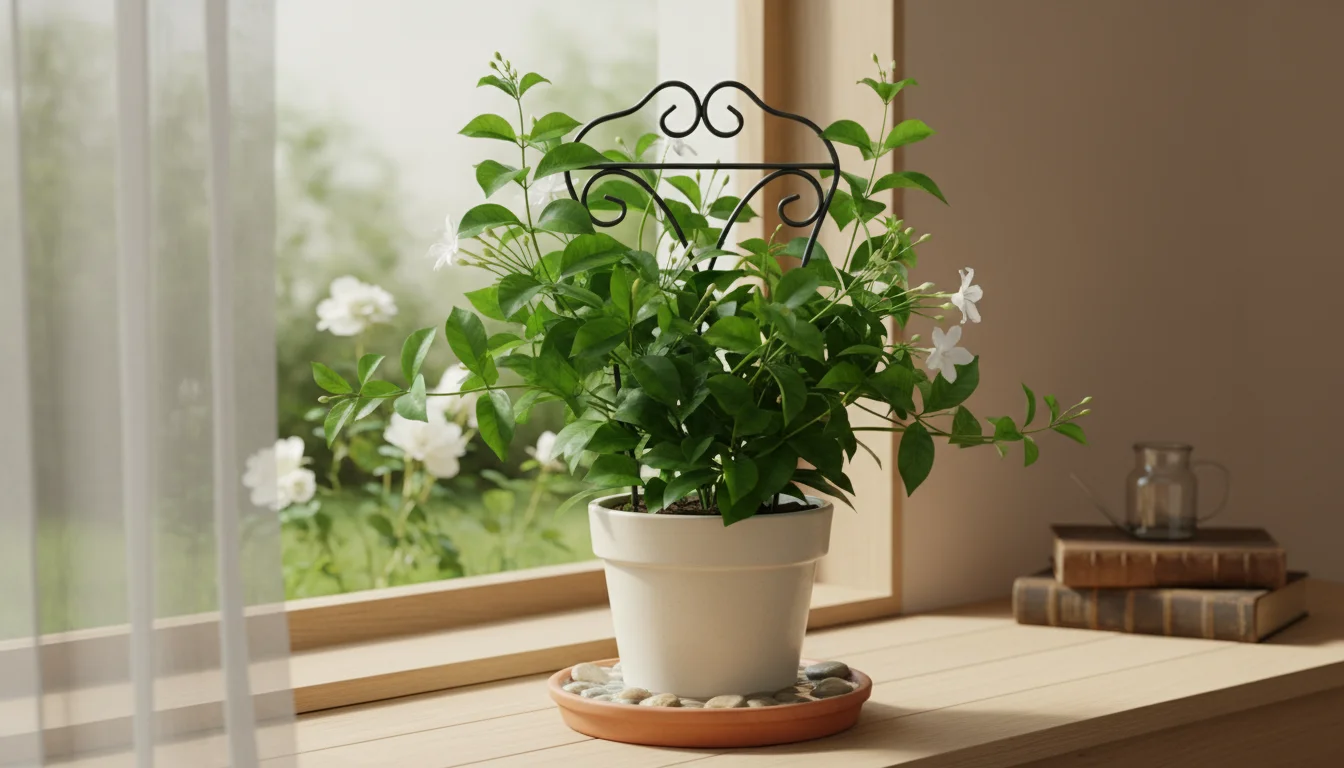 A woman's hands misting a Stephanotis houseplant in a white pot, placed on a pebble tray on a windowsill.