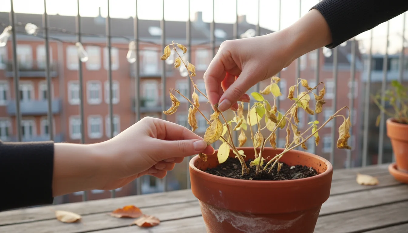 A woman's hands observe a struggling basil plant in a terracotta pot on a balcony, with a garden journal nearby.