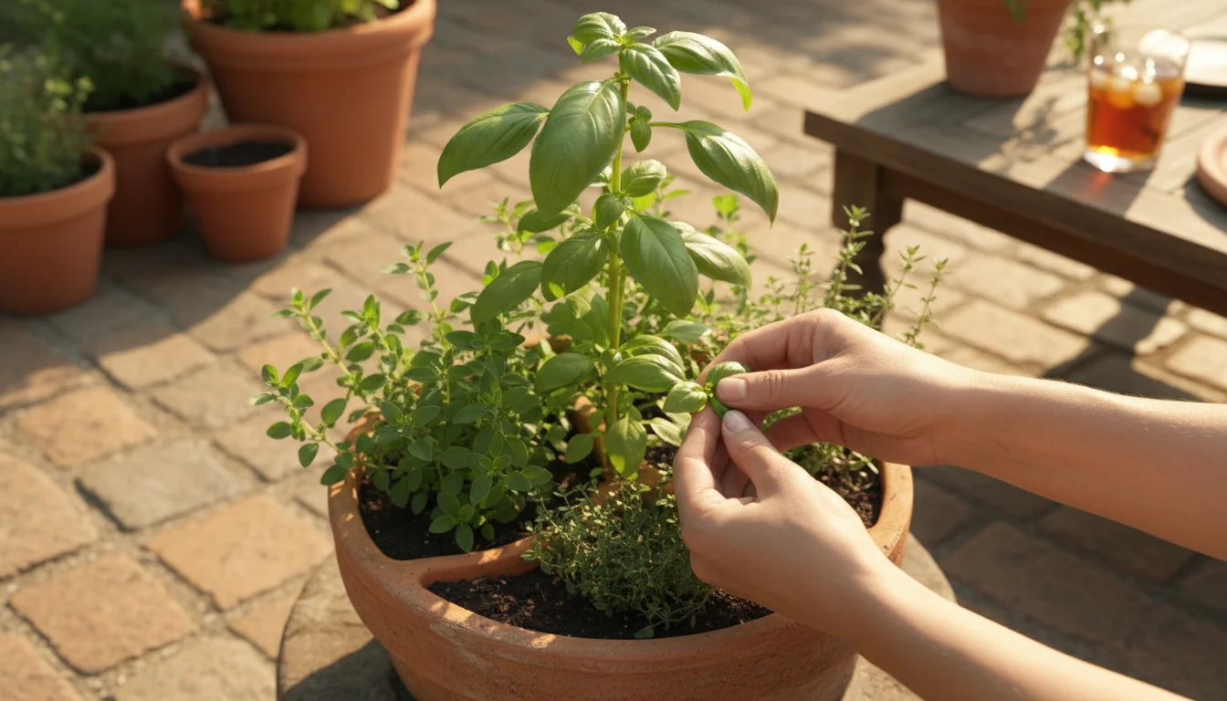 Woman's hands pinching basil leaves from a terracotta pot on a sunny patio, demonstrating a specific harvesting technique.