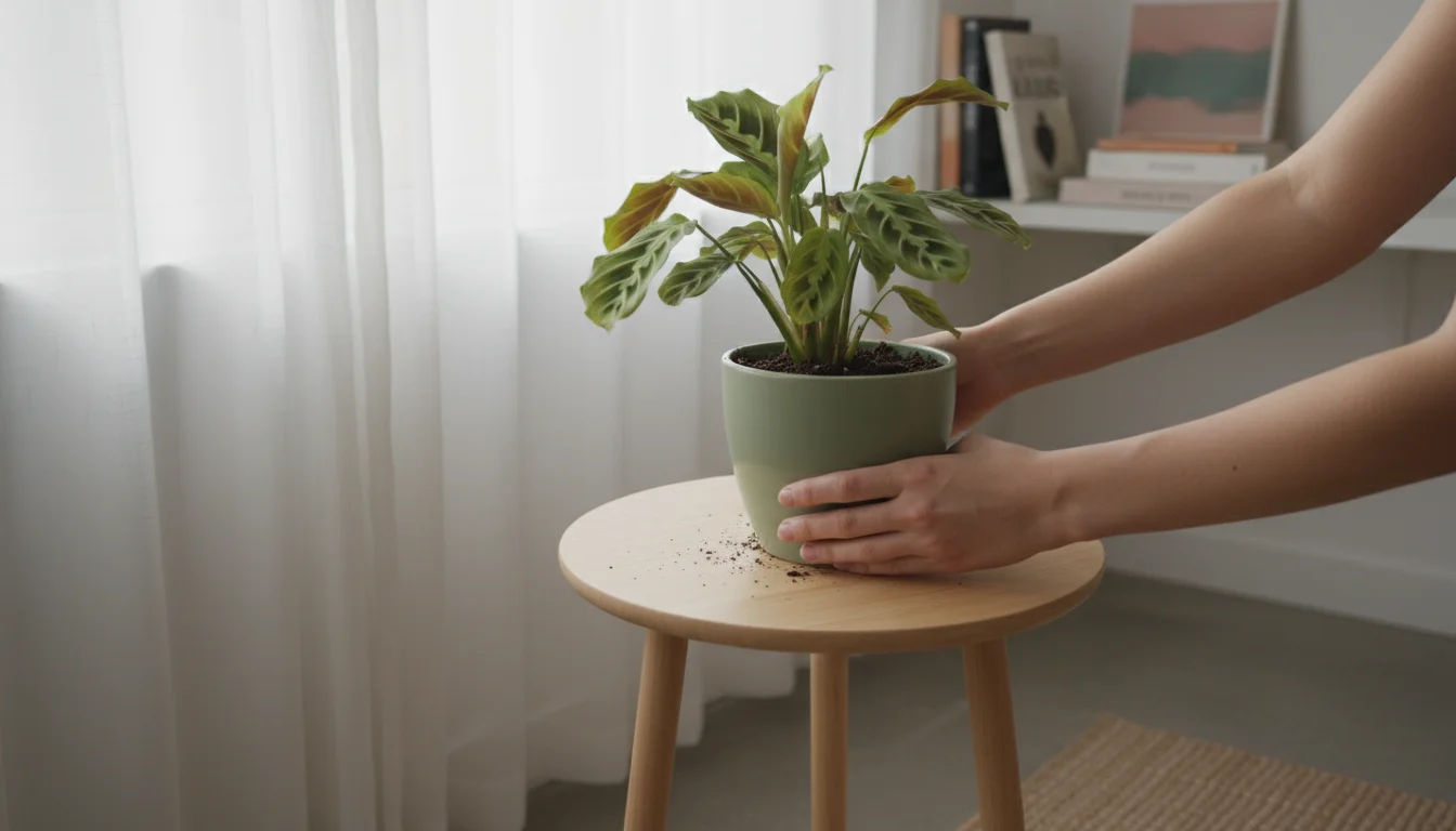 A woman's hands gently place a slightly drooping, recently repotted Maranta prayer plant onto a small side table in a softly lit apartment corner.