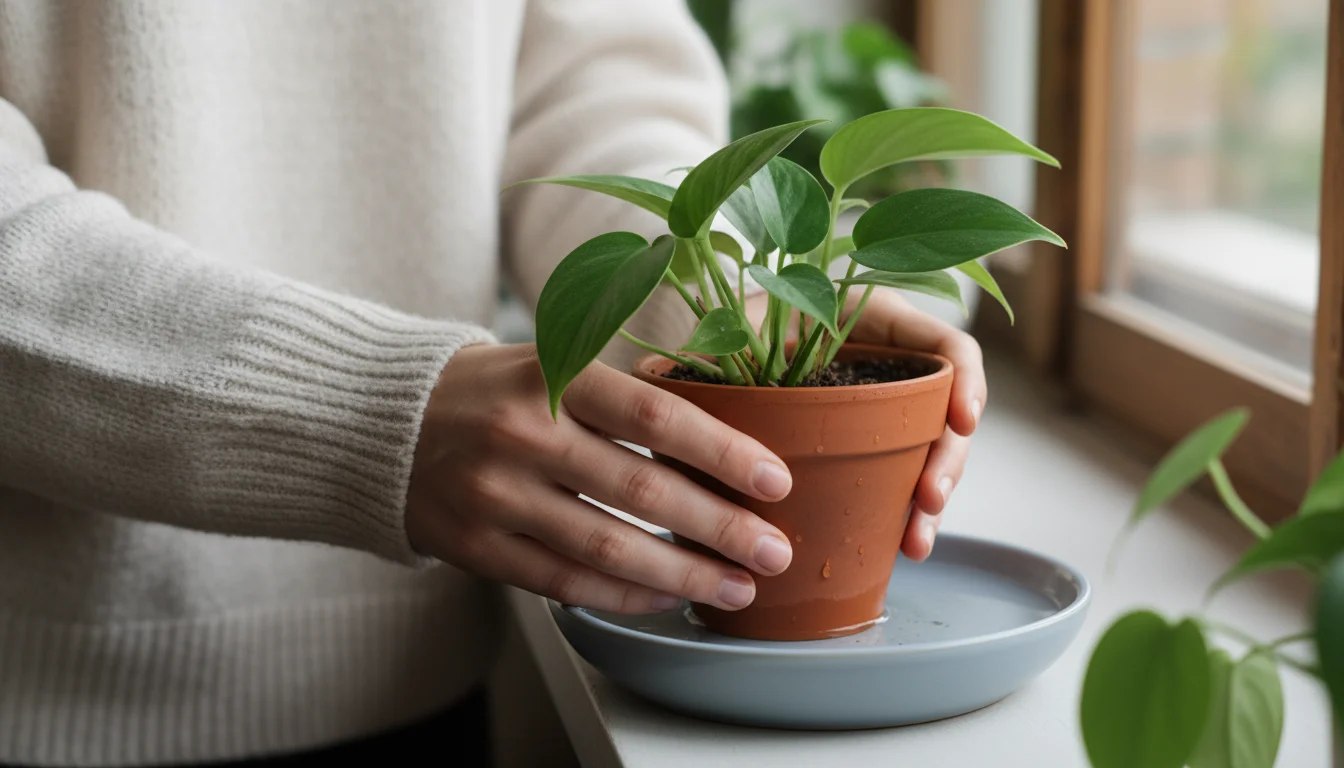 Woman's hands gently place a small terracotta pot with a green plant into a pale ceramic saucer containing an inch of water, demonstrating bottom wate