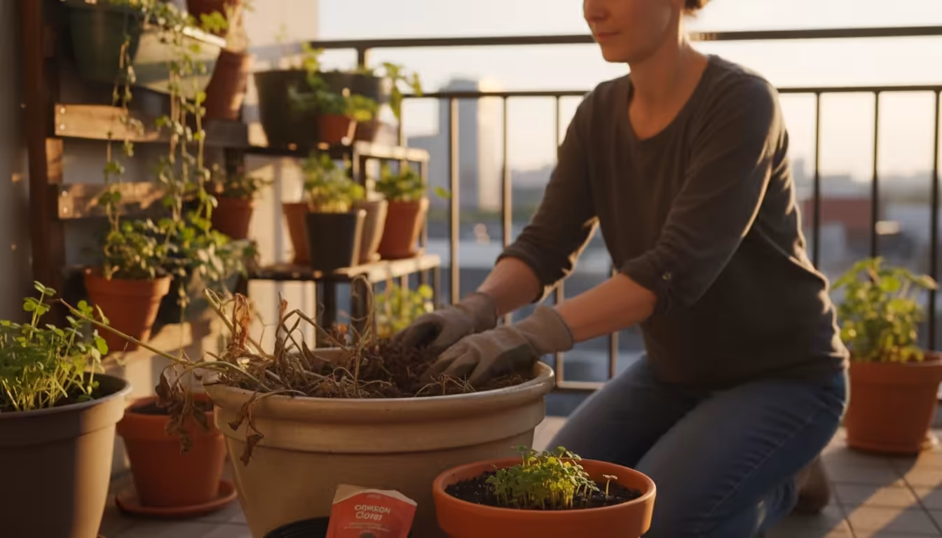 A woman's hands sift through depleted soil in a large ceramic pot on a golden-lit balcony, with tiny green cover crop sprouts and a seed packet nearby
