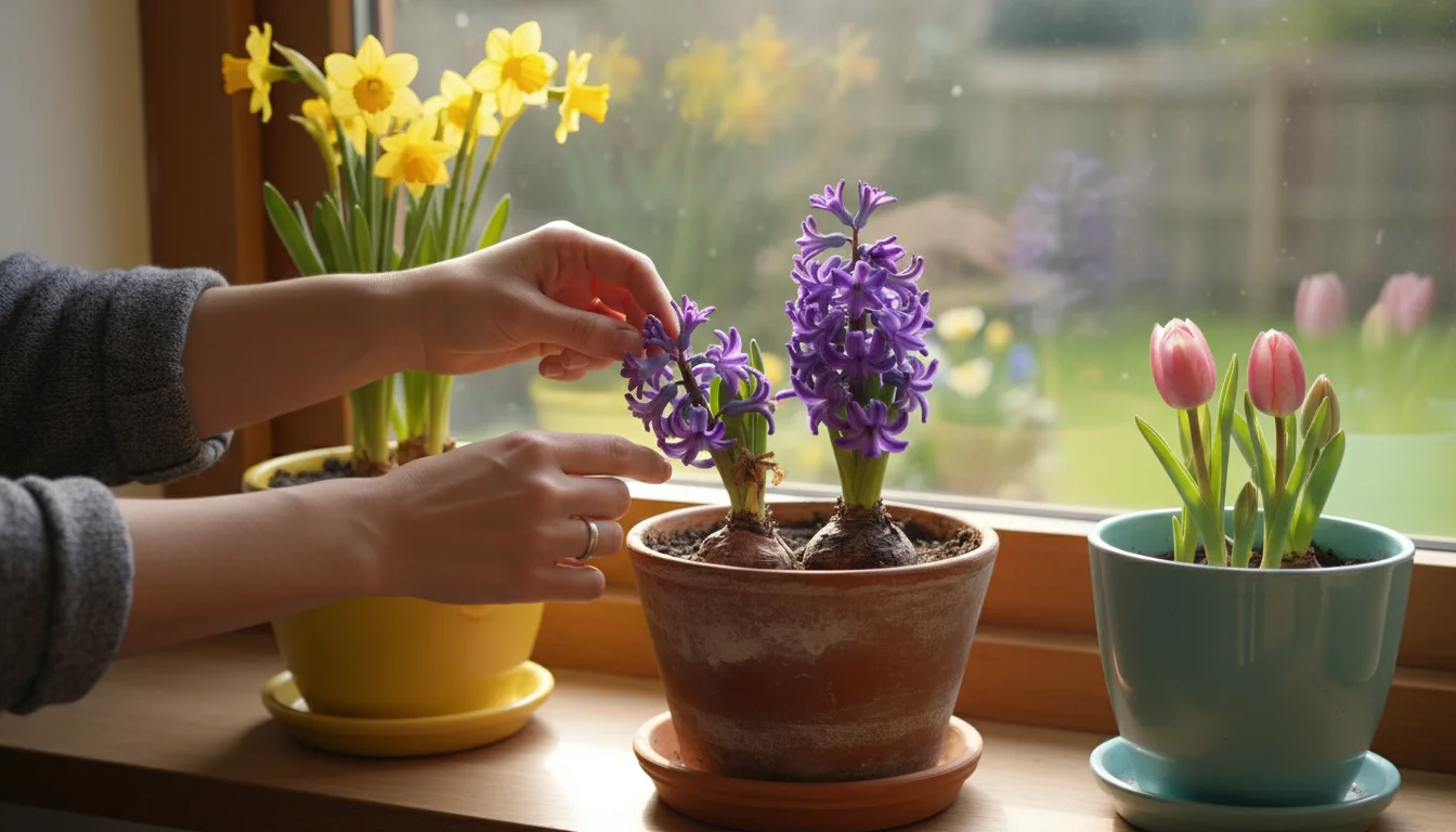 Woman's hands gently touch blooming purple hyacinths on a windowsill, with other pots of daffodils and tulips nearby.