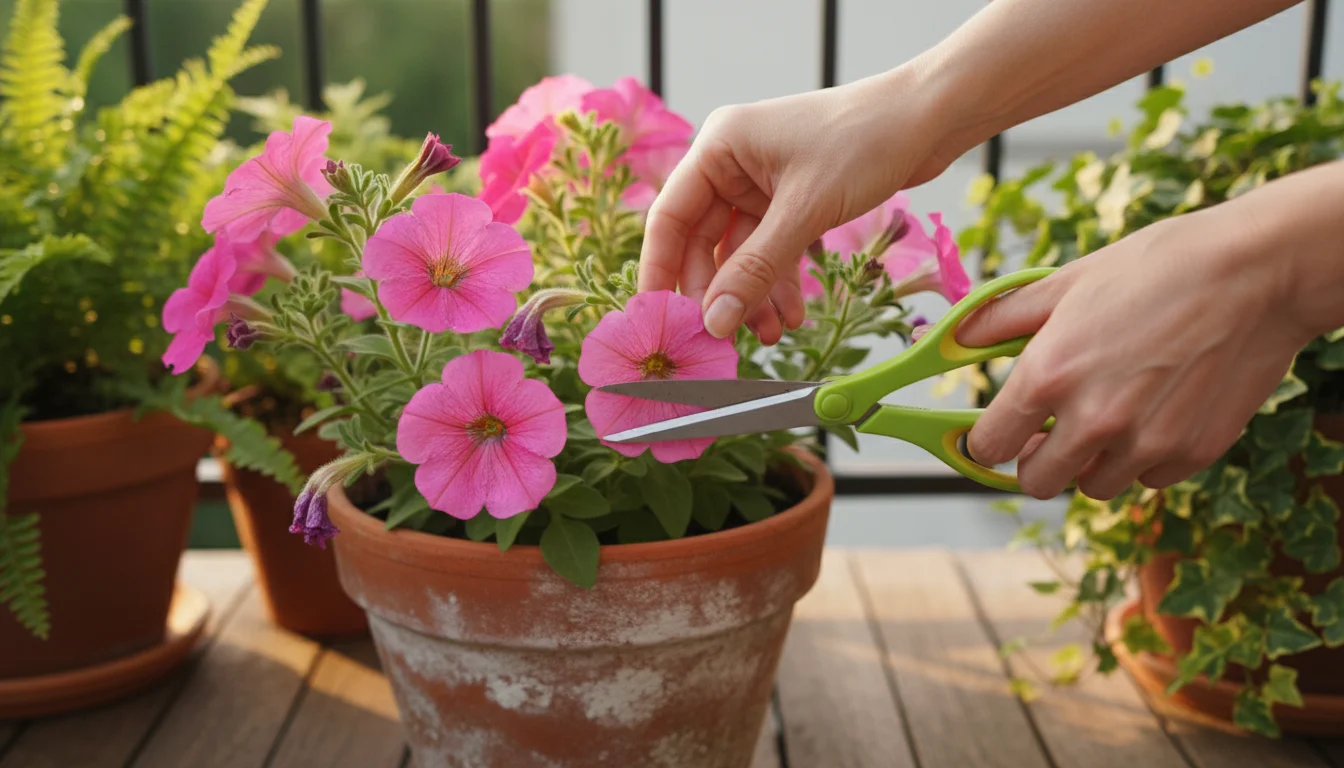 Woman's hands use lime-green kitchen scissors to precisely deadhead a pink petunia in a terracotta pot on a sunny balcony.