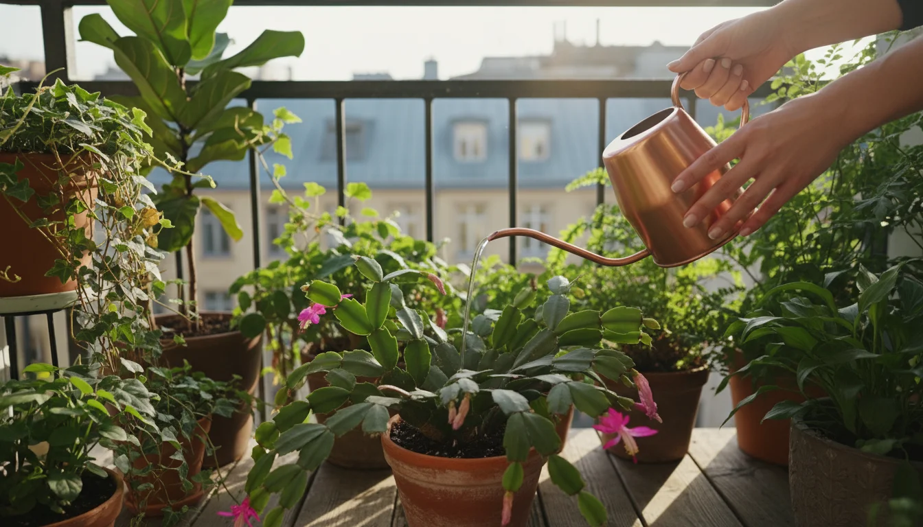 Woman's hands gently water a healthy, green Christmas cactus in a terracotta pot on a sunny balcony among other small container plants.