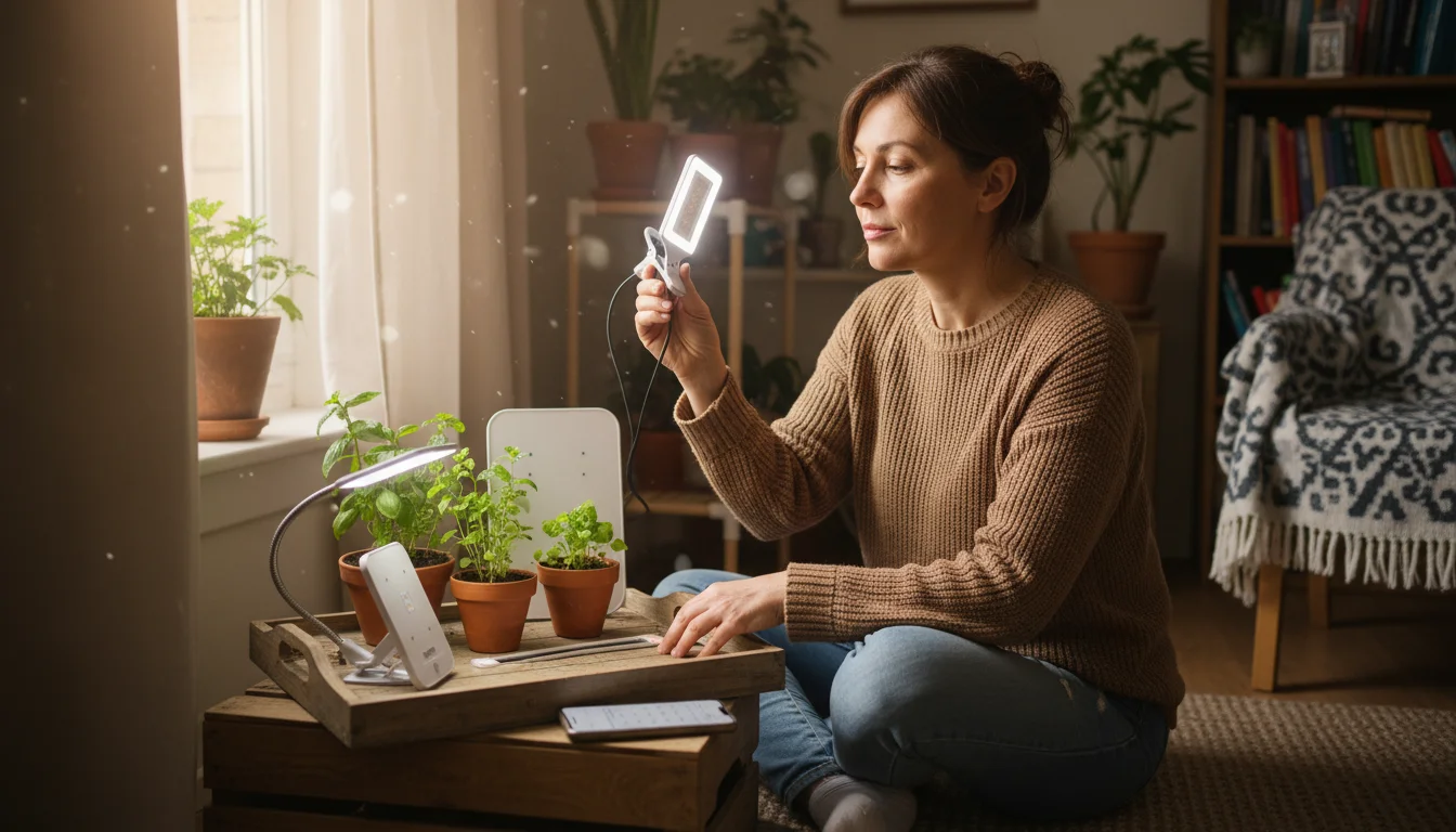 Woman in her 40s comparing compact LED grow lights on a tray next to potted herbs in a small apartment, assessing size and details.