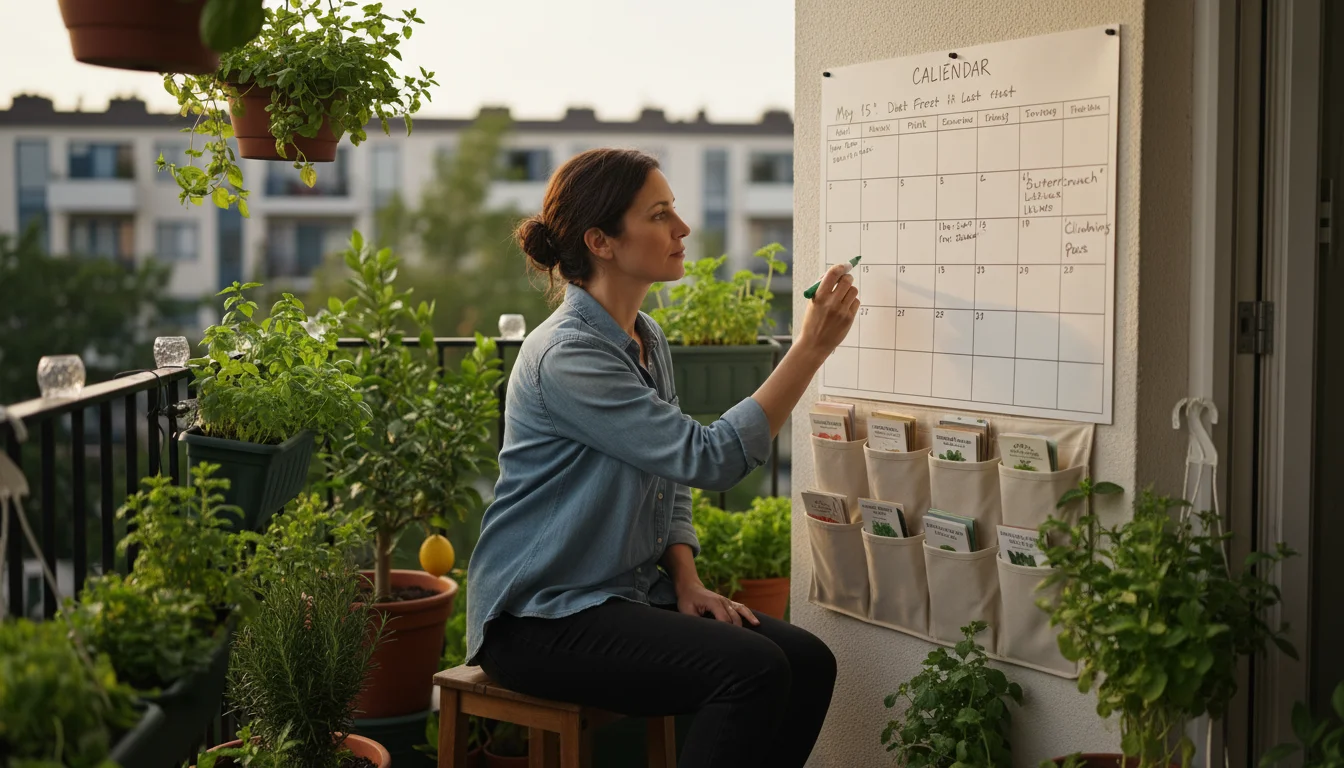 Woman in her late 30s on a small balcony, adding dates to a wall-mounted planting calendar with organized seed packets and thriving container plants v